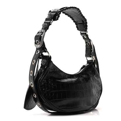 Balenciaga Extra Supple Calfskin Crystal Crocodile Embossed Le Cagole Shoulder Bag XS Black 4 of 11
