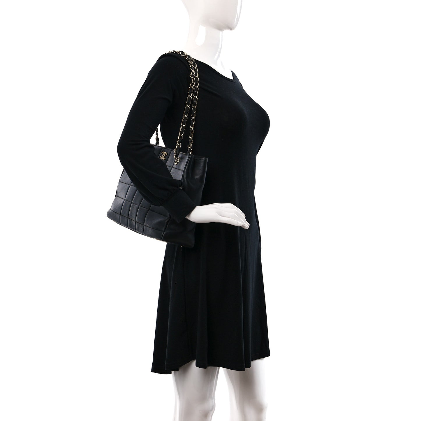 Calfskin Stitched Chocolate Bar Shopping Tote Black