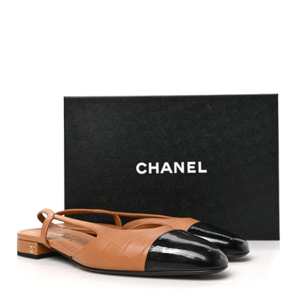 Chanel Calfskin Crocodile Embossed Patent Cap Toe CC Slingback Flats 41 Brown Black 8 of 8