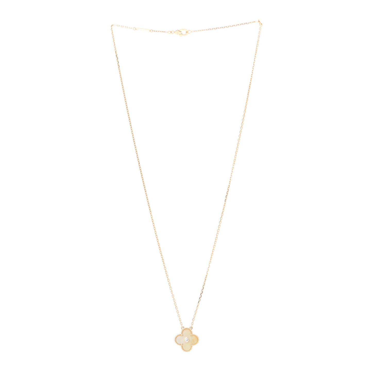 18K Yellow Gold Diamond Yellow Mother of Pearl Vintage Alhambra Pendant Necklace
