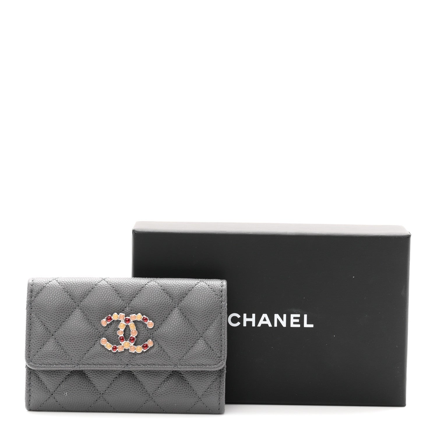 Chanel Shiny Caviar Enamel Quilted CC Flap Card Holder Grey
