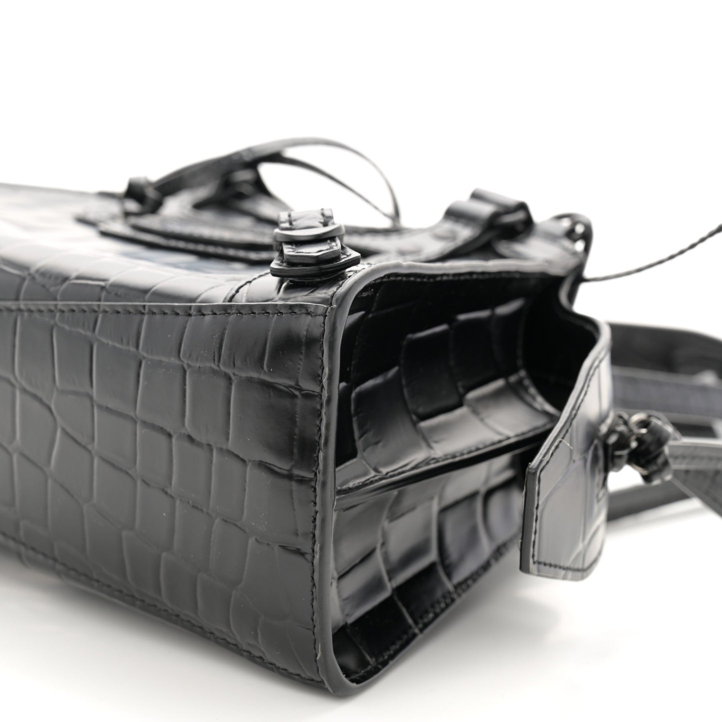 Semi Shiny Calfskin Crocodile Embossed Neo Classic Black Hardware Mini City Black