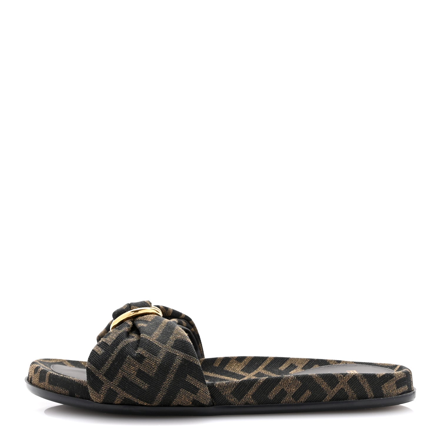 Fendi Fabric Jacquard Nappa FF Womens Fendi Feel Slide Sandals 38 Tobacco Black Miele Scuro 1 of 9