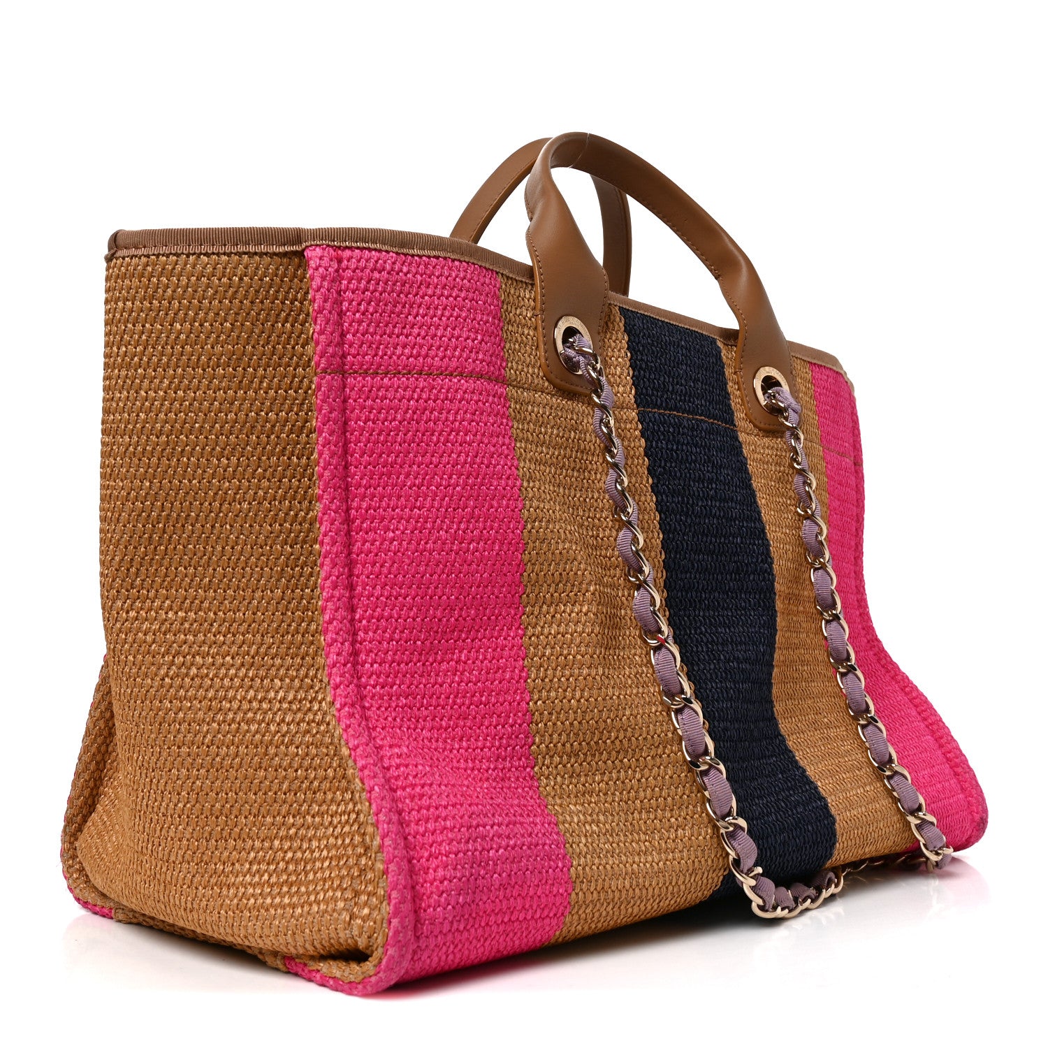 Chanel Straw Raffia Calfskin Striped Medium Deauville Tote Dark Beige Fuchsia Navy Blue 2 of 11