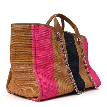 Chanel Straw Raffia Calfskin Striped Medium Deauville Tote Dark Beige Fuchsia Navy Blue 2 of 11