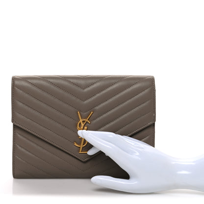 Saint Laurent Lambskin Matelasse Chevron Monogram Cassandre Flap Pouch Dark Beige 2 of 7