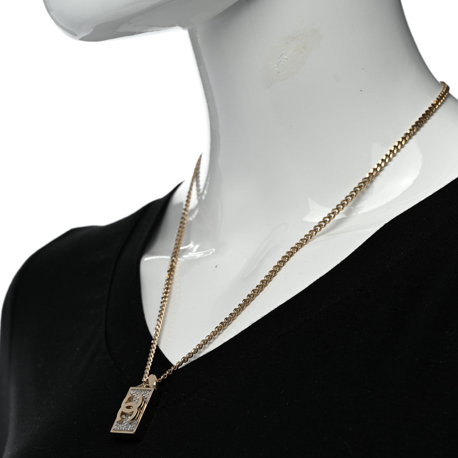 Chanel Crystal Dog Tag Charm Necklace Gold 3 of 5