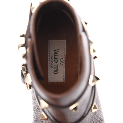 Valentino Garavani Pebbled Calfskin Rockstud Double Buckle 70mm Block Heel Ankle Boots 35 Light Brown 7 of 9