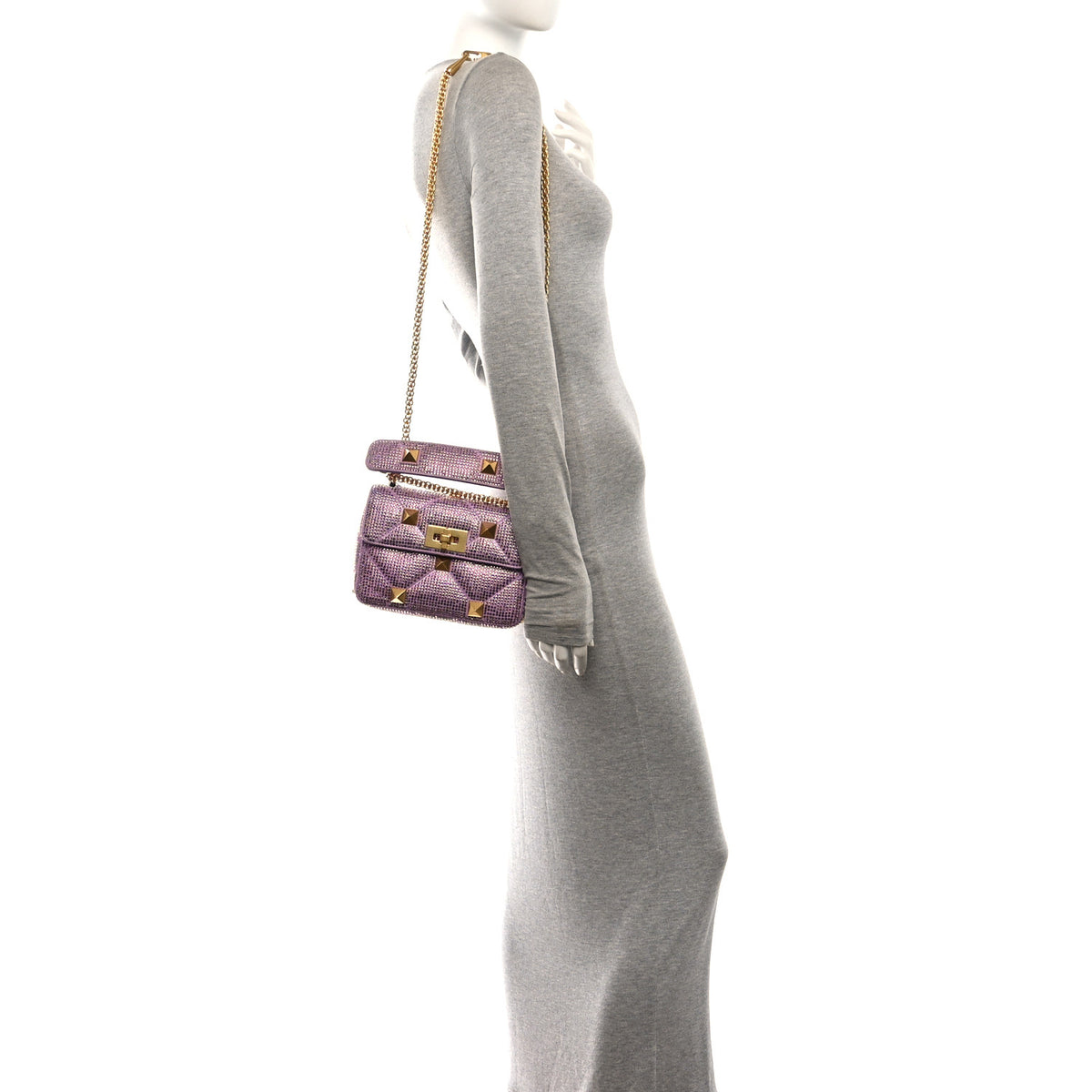 Crystal Suede Small Roman Stud Shoulder Bag Light Amethyst Glicine