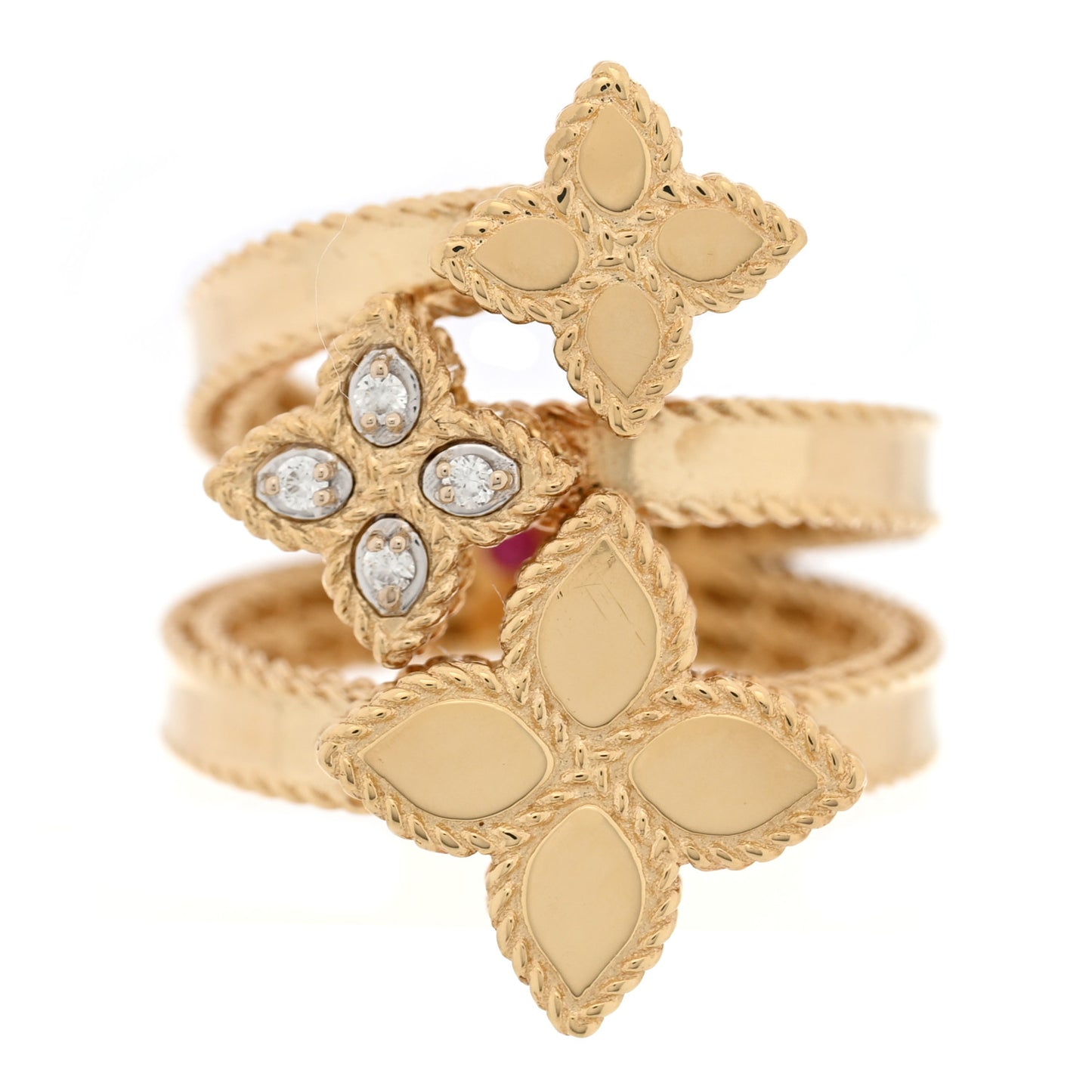 18K Yellow Gold Diamond Princess Flower Three Flower Ring