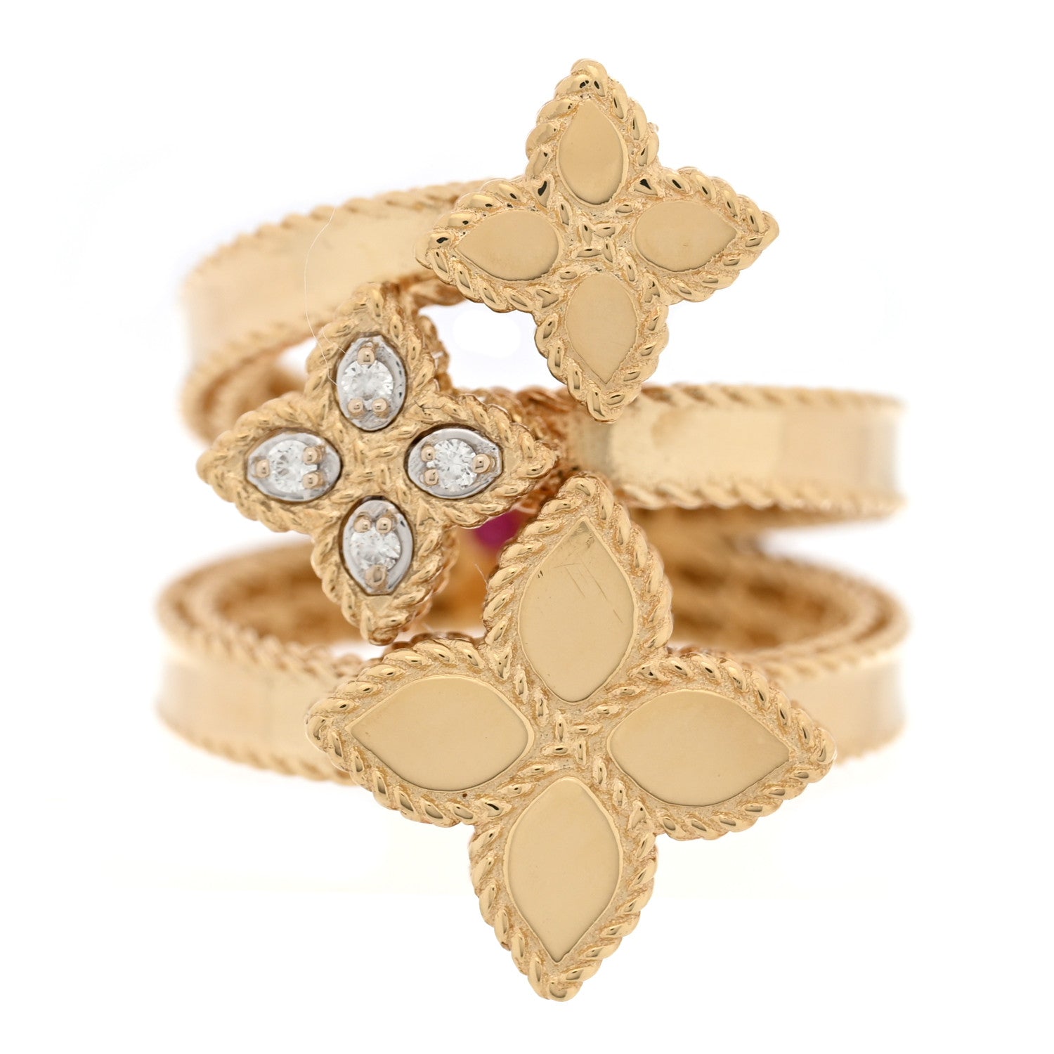 Roberto Coin 18K Yellow Gold Diamond Princess Flower Three Flower Ring 1 of 4