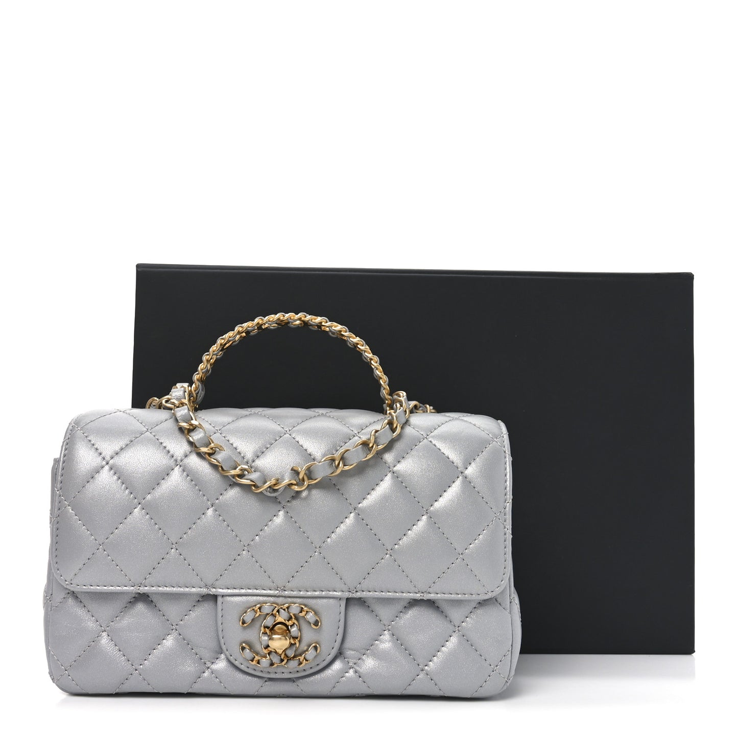 Metallic Lambskin Quilted Mini Strass On Top Flap Silvery