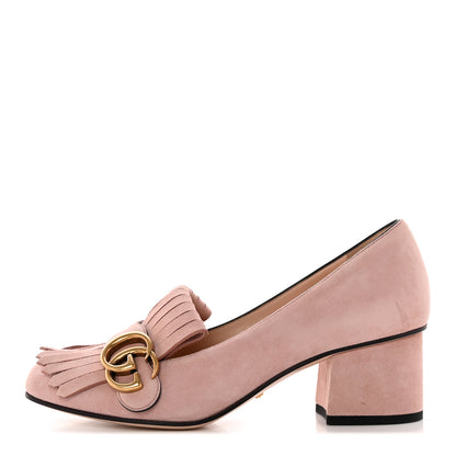 Gucci Kid Scamosciato GG Marmont Fringe 50mm Loafer Pumps 37 Crystal Pink 1 of 10