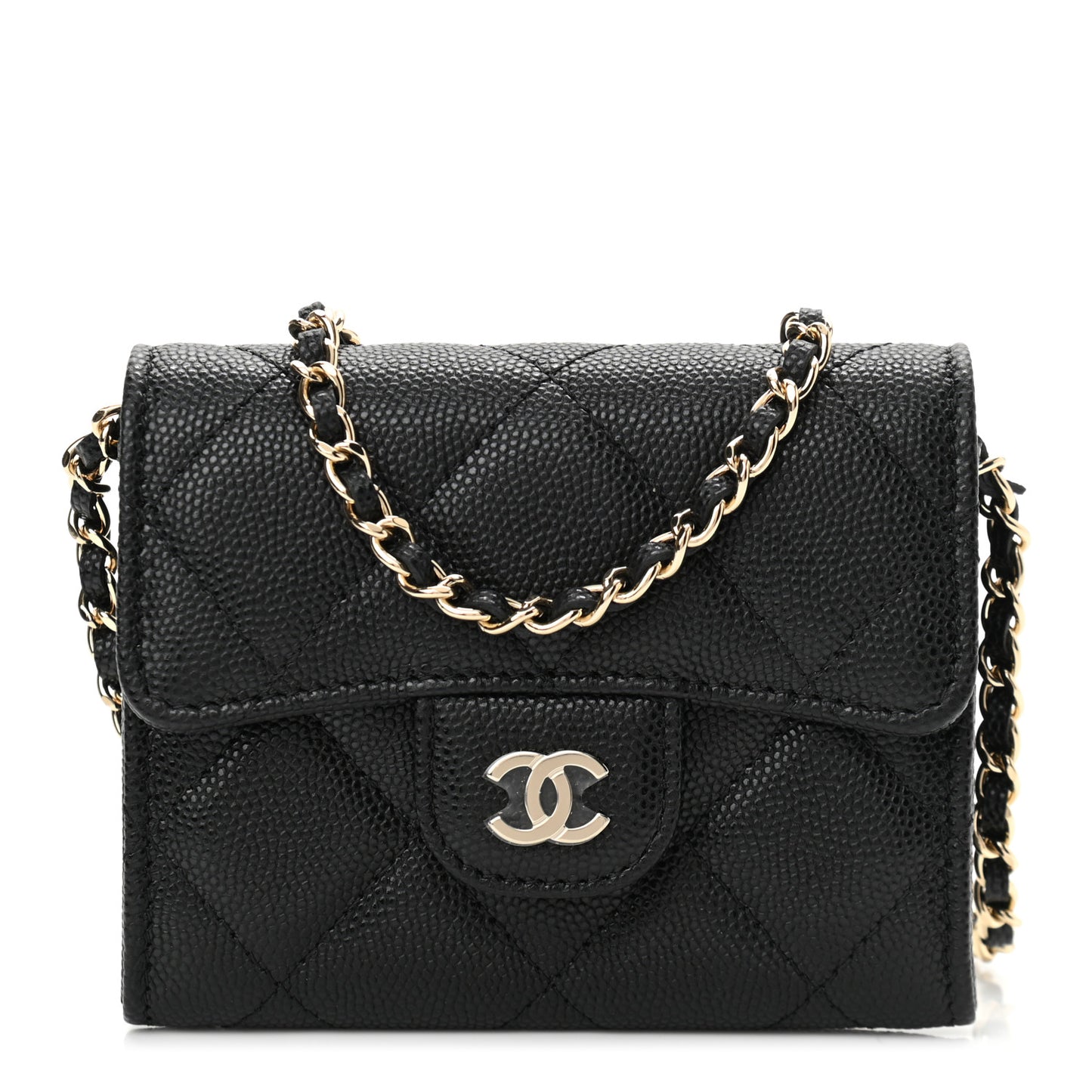 Caviar Quilted Flap Card Holder On Chain Black
