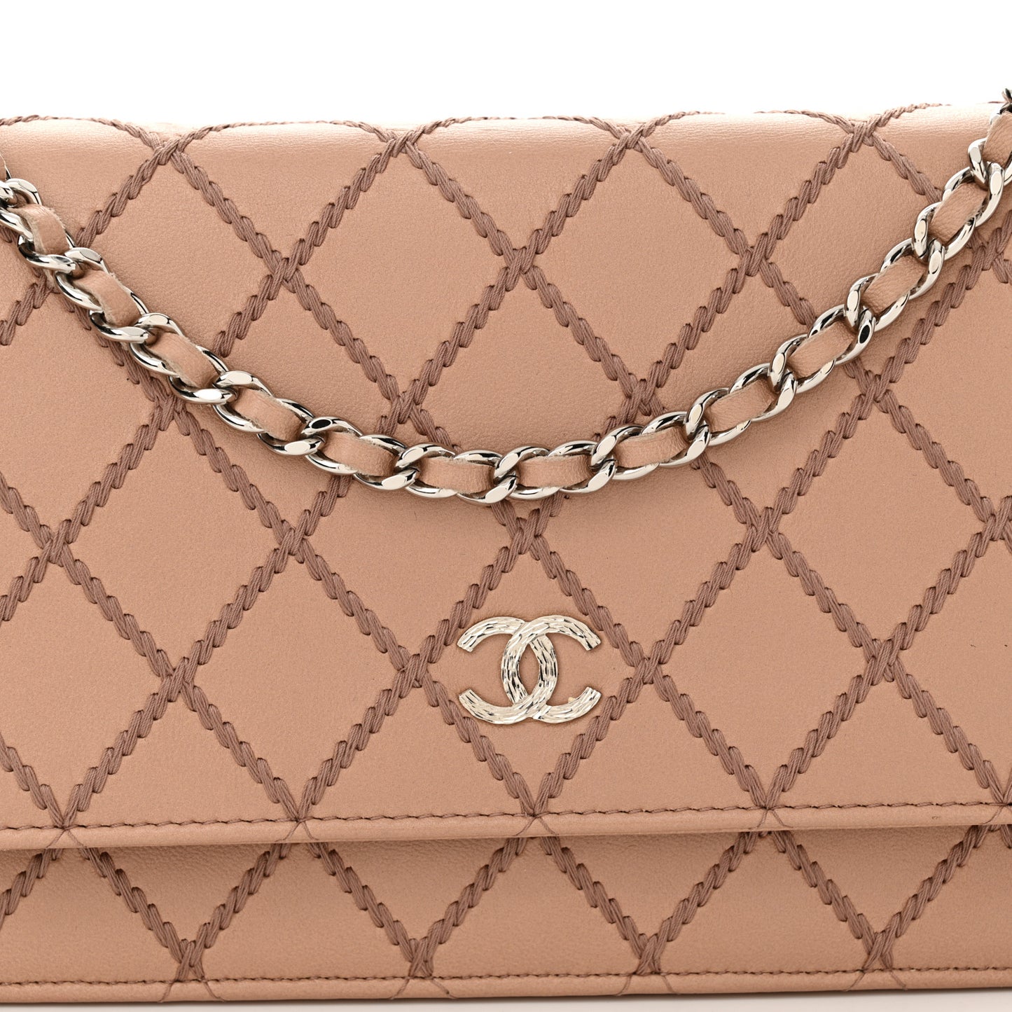Calfskin Diamond Stitch Wallet On Chain WOC Beige