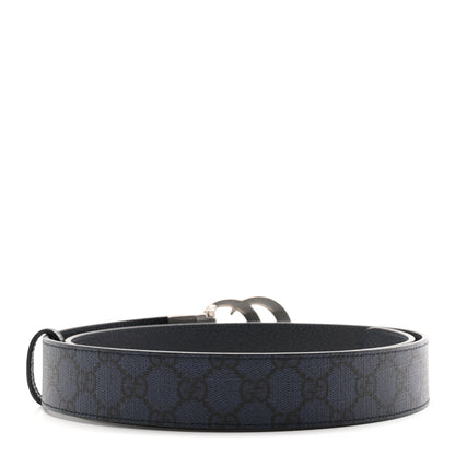 Gucci GG Supreme Monogram Plutone Calfskin Palladium Double G Reversible 37mm Belt 105 42 Black Blue 2 of 6