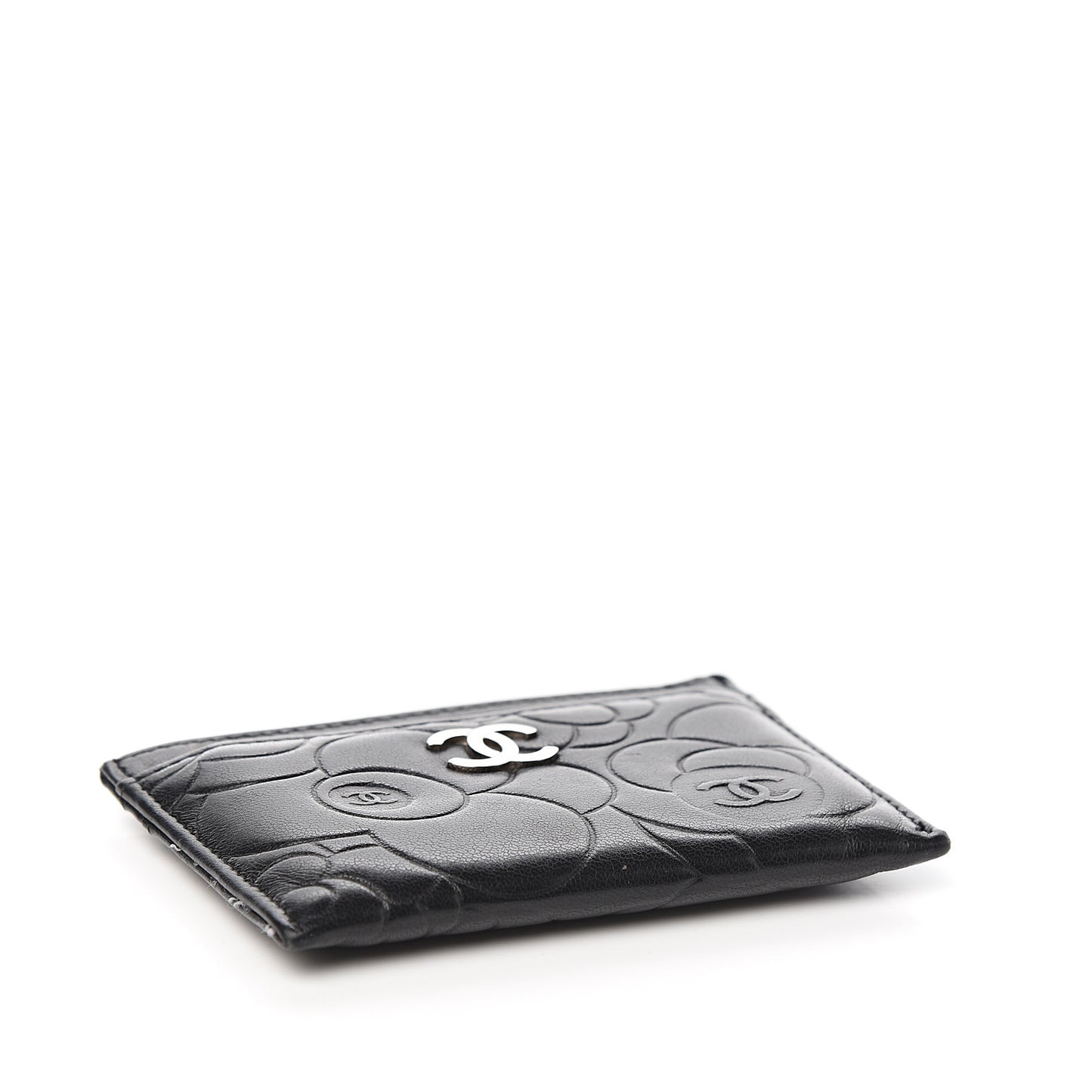 Lambskin Camellia Embossed Card Holder Black