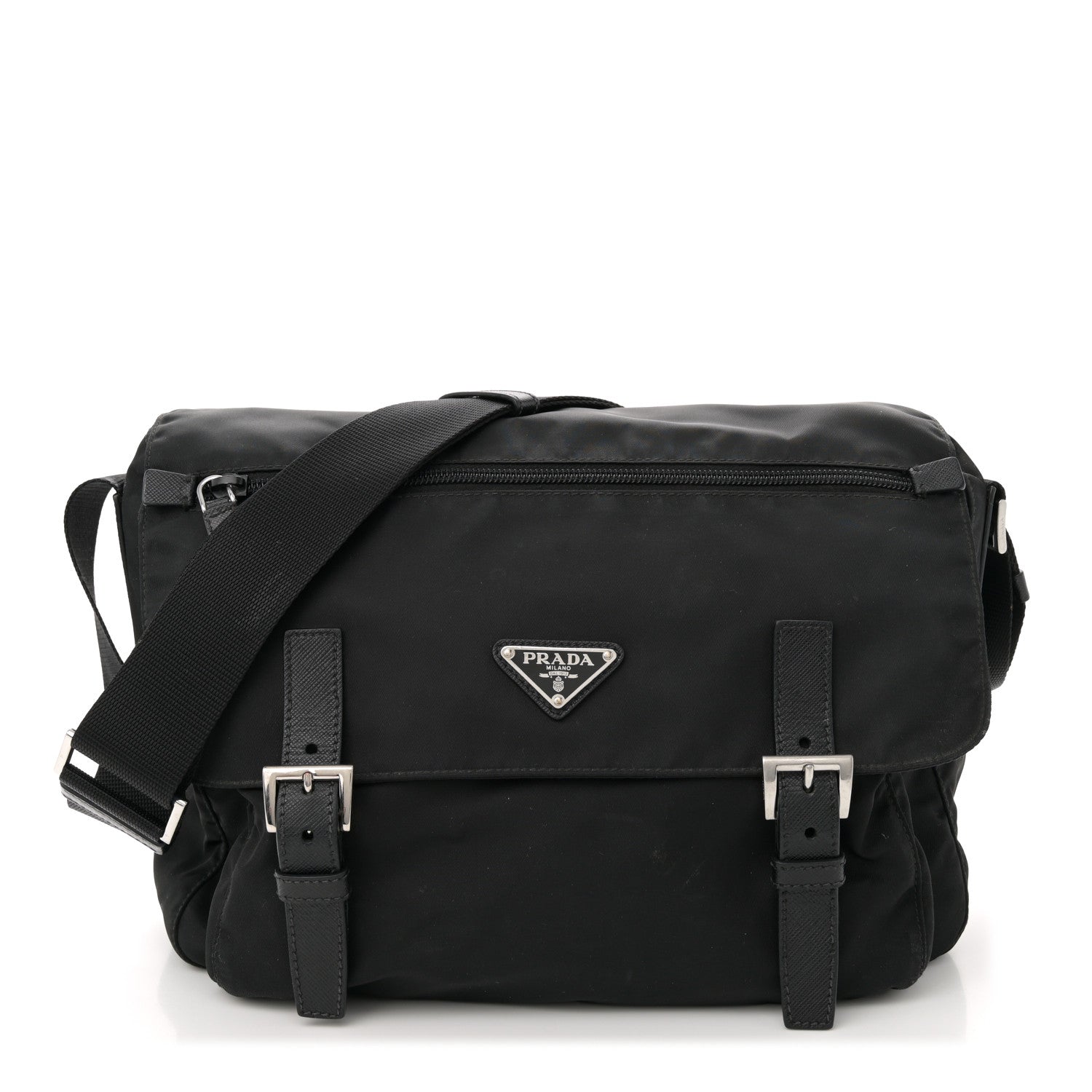 Prada Tessuto Nylon Saffiano Double Buckle Messenger Shoulder Bag Black 1 of 9