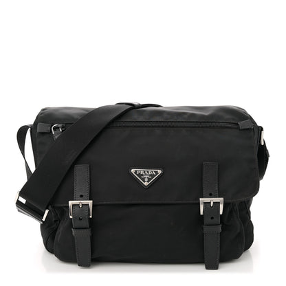 Prada Tessuto Nylon Saffiano Double Buckle Messenger Shoulder Bag Black 1 of 9