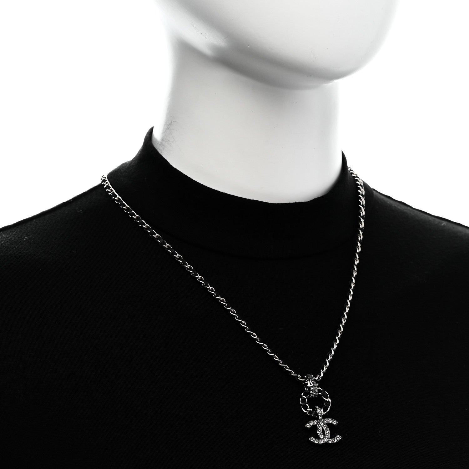 Chanel Lambskin Crystal Chain Choker Necklace Silver Black 2 of 6