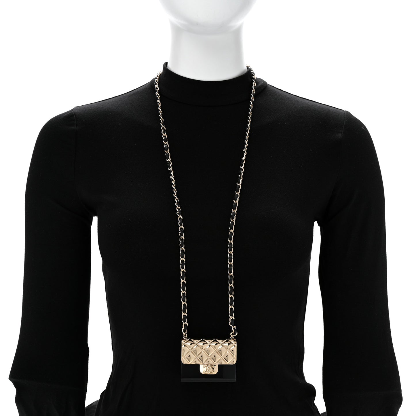 Metal Resin Lambskin Flap Bag Long Necklace Gold Black