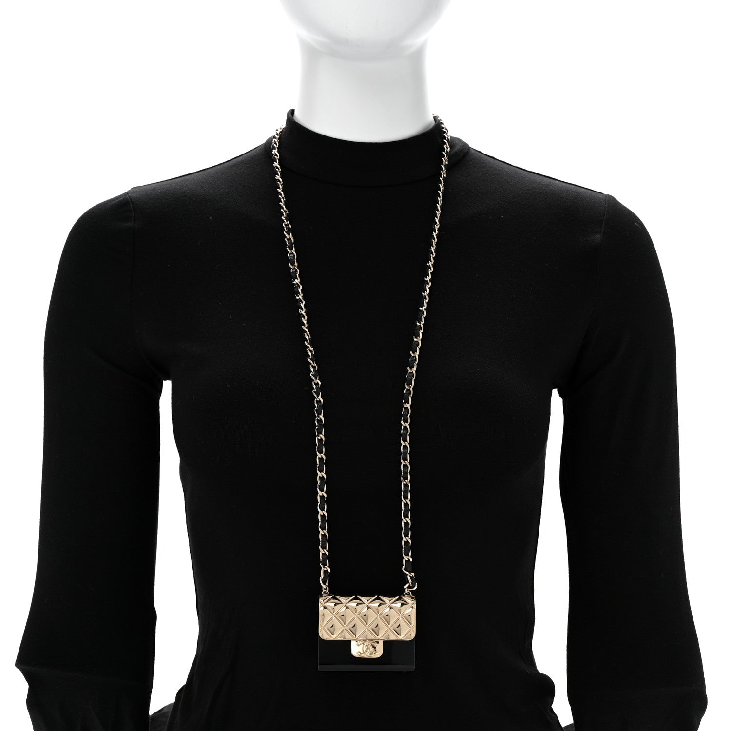 Chanel Metal Resin Lambskin Flap Bag Long Necklace Gold Black 2 of 6