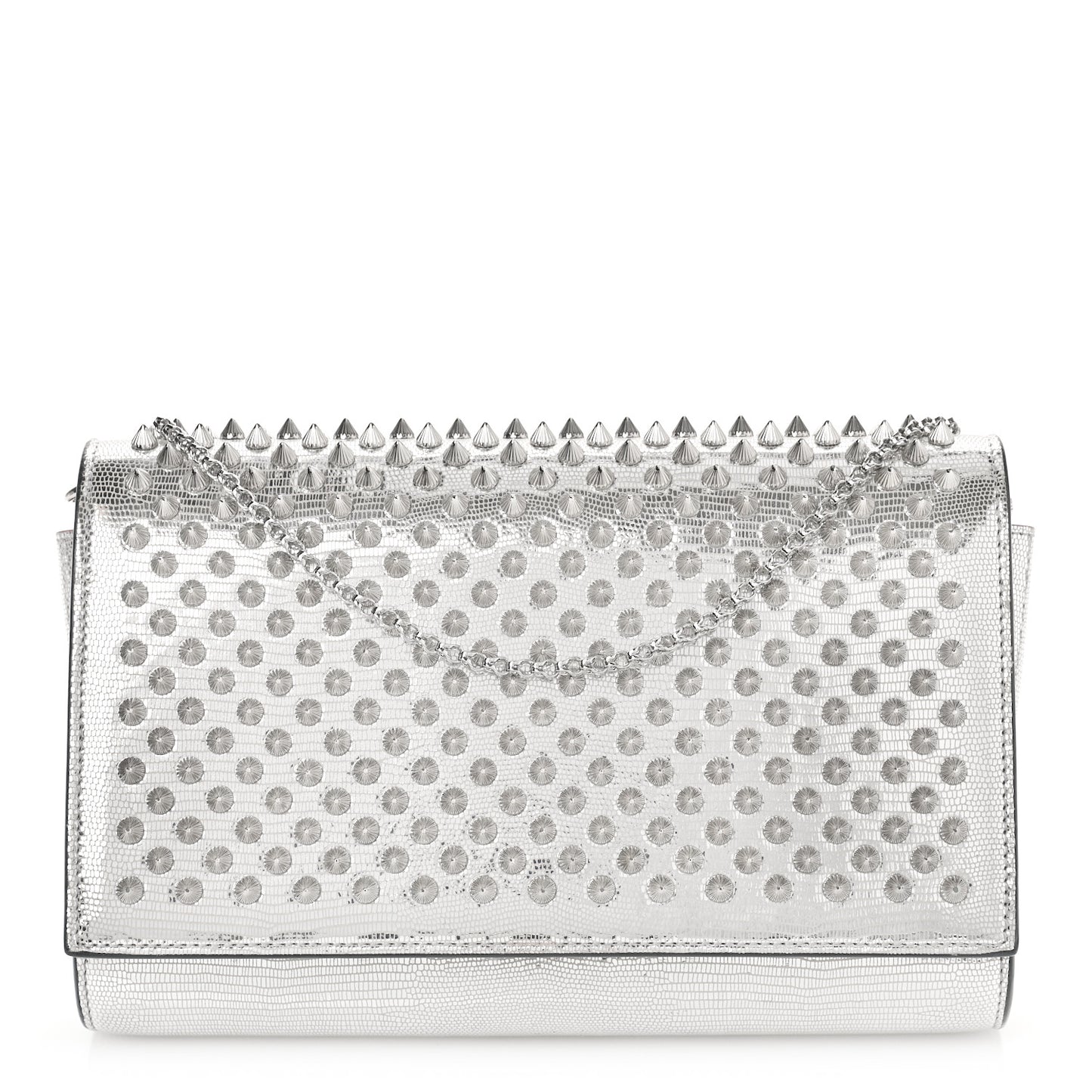 Metallic Laminato Lizard Embossed Spikes Paloma Clutch Silver