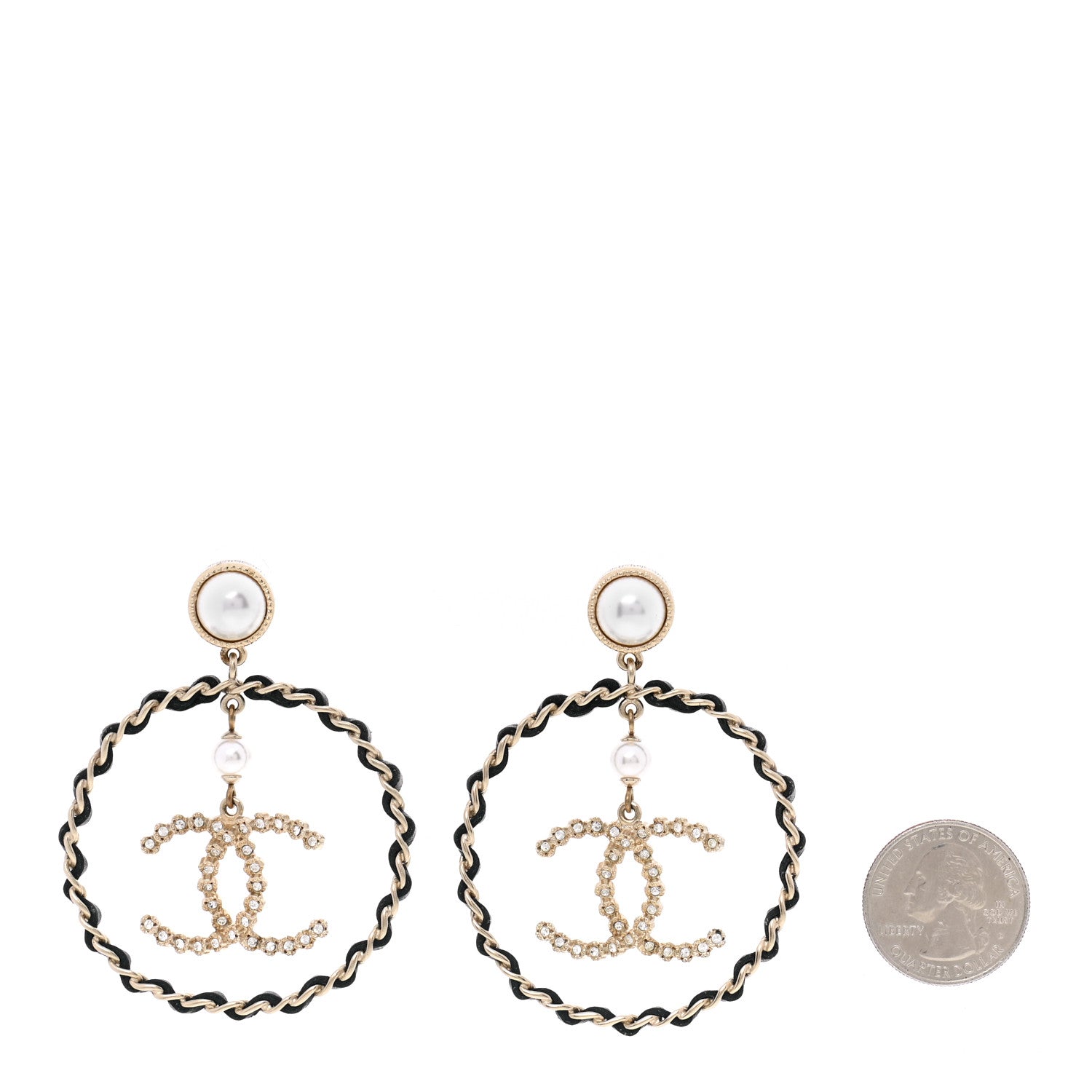 Chanel Lambskin Crystal Pearl CC Drop Earrings Gold Black 2 of 5