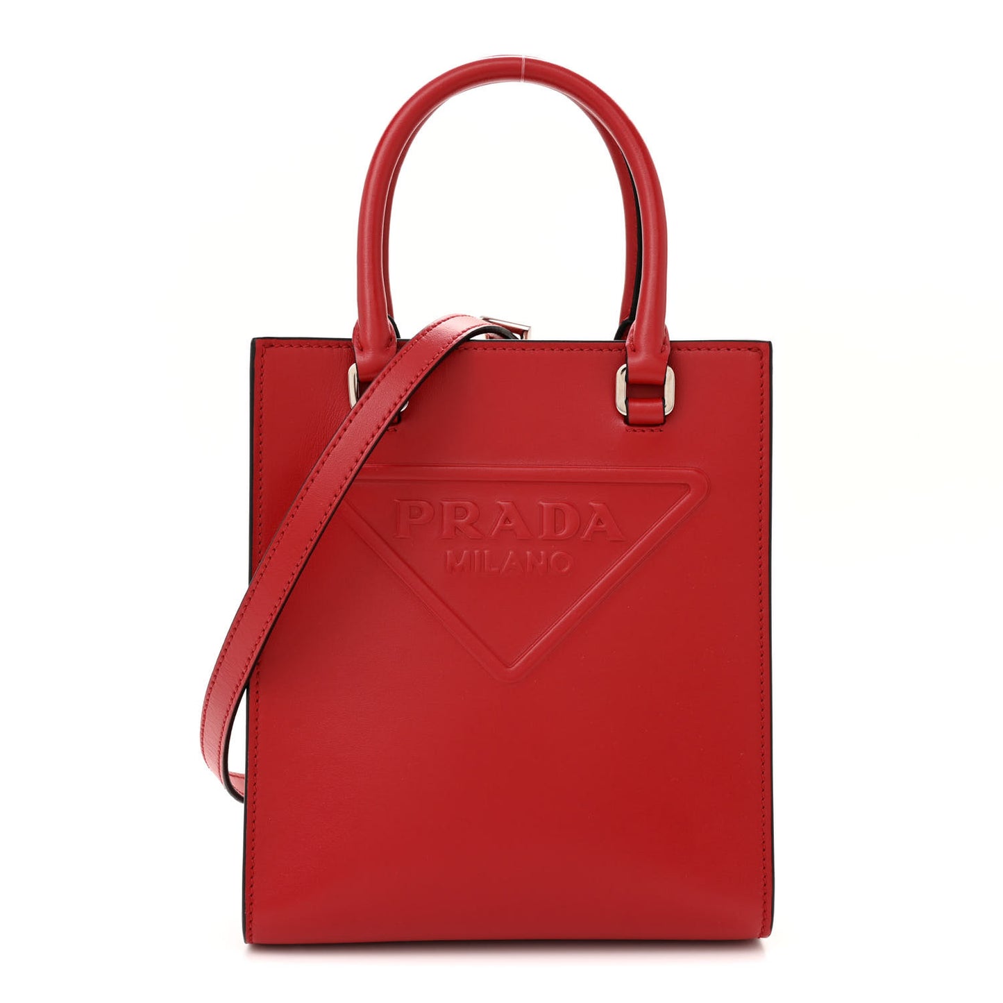 Soft Calfskin Triangle Logo Embossed Small Double Handle Crossbody Tote Rosso