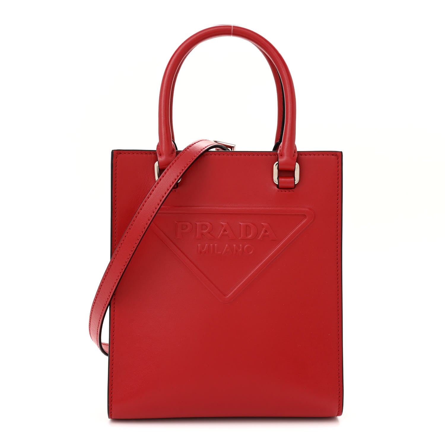 Prada Soft Calfskin Triangle Logo Embossed Small Double Handle Crossbody Tote Rosso 1 of 10