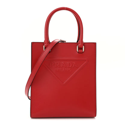 Prada Soft Calfskin Triangle Logo Embossed Small Double Handle Crossbody Tote Rosso 1 of 10