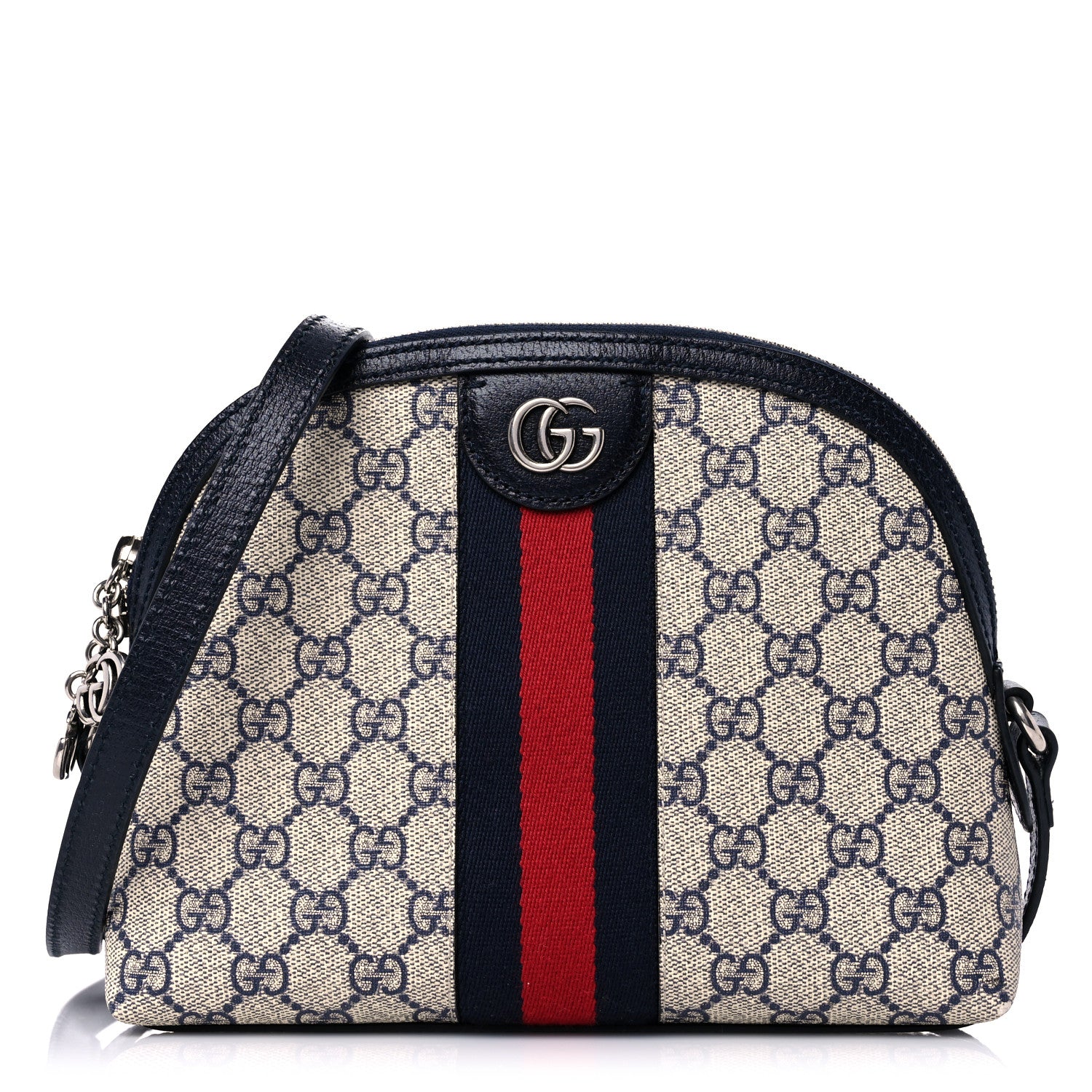 Gucci GG Supreme Monogram Textured Dollar Calfskin Web Small Ophidia Dome Shoulder Bag Beige Blue 1 of 10