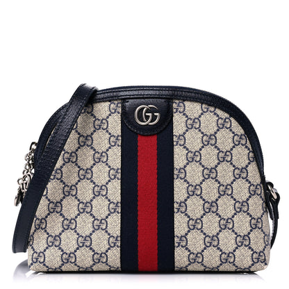 Gucci GG Supreme Monogram Textured Dollar Calfskin Web Small Ophidia Dome Shoulder Bag Beige Blue 1 of 9