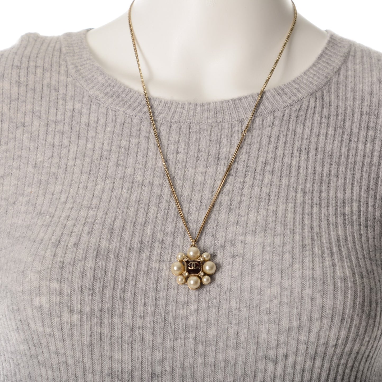Gripoix Pearl Crystal CC Pendant Necklace Gold