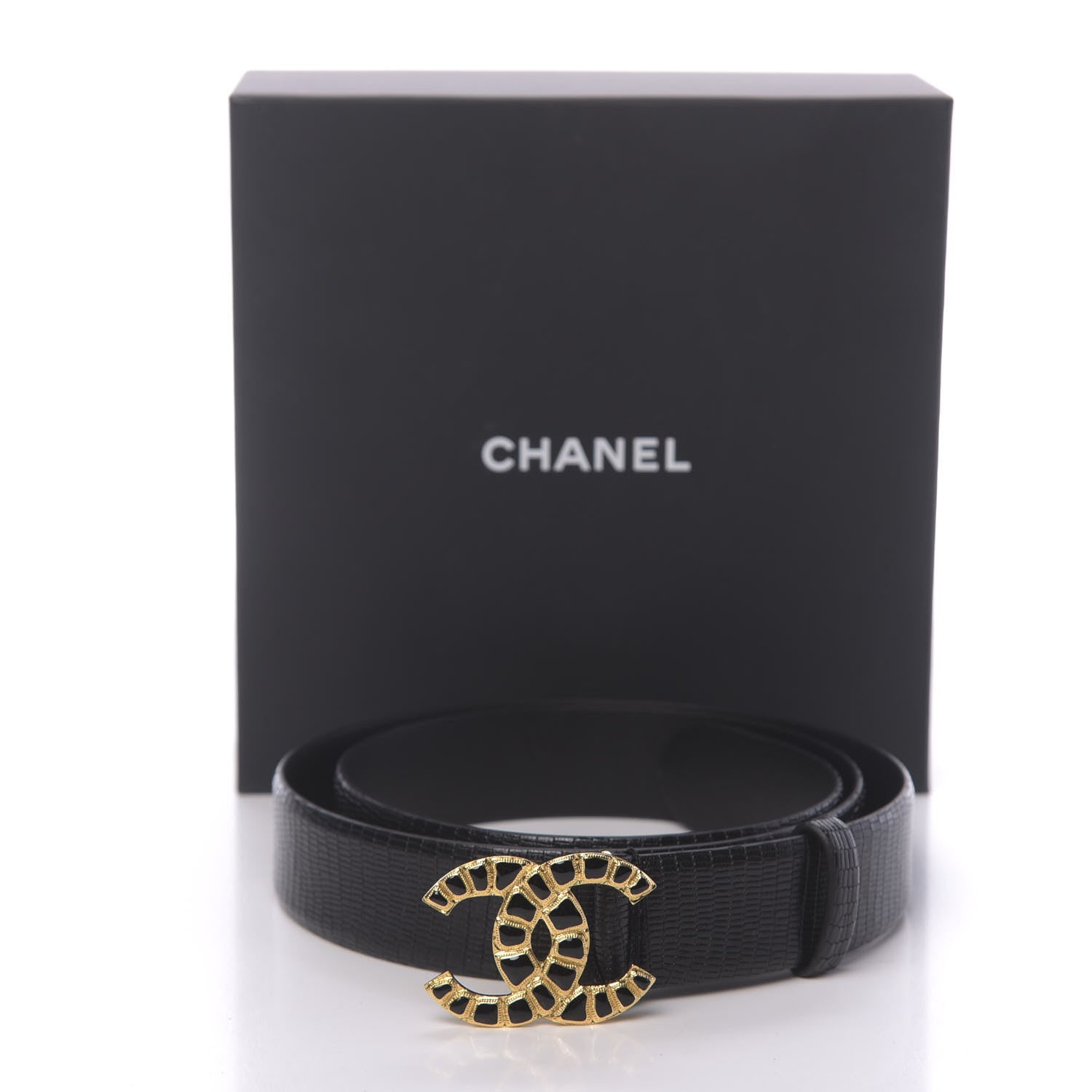 Chanel Lizard Embossed Calfskin Gripoix Poured Glass Along The Nile CC Belt 95 38 Black 7 of 7