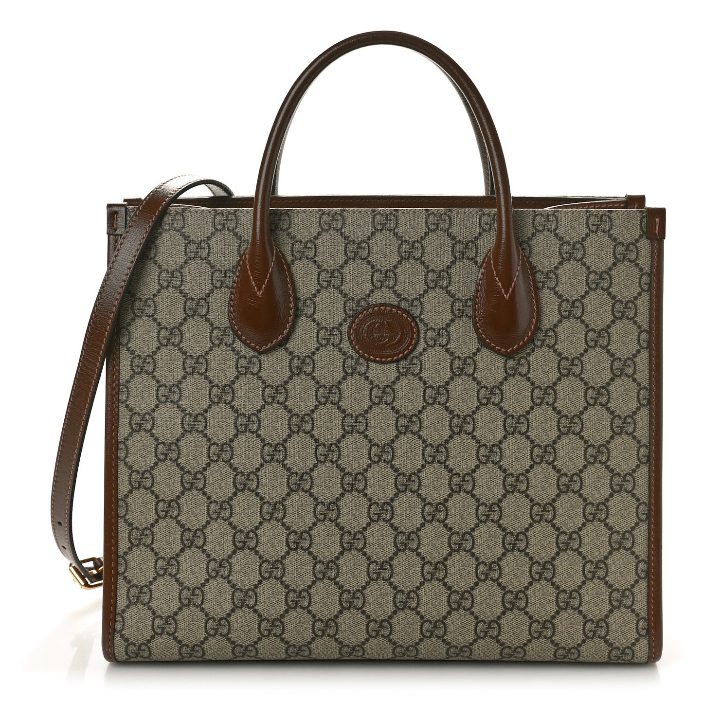 GG Supreme Monogram Azalea Calfskin Small Retro Interlocking G Tote Bag Beige Ebony Brown Sugar