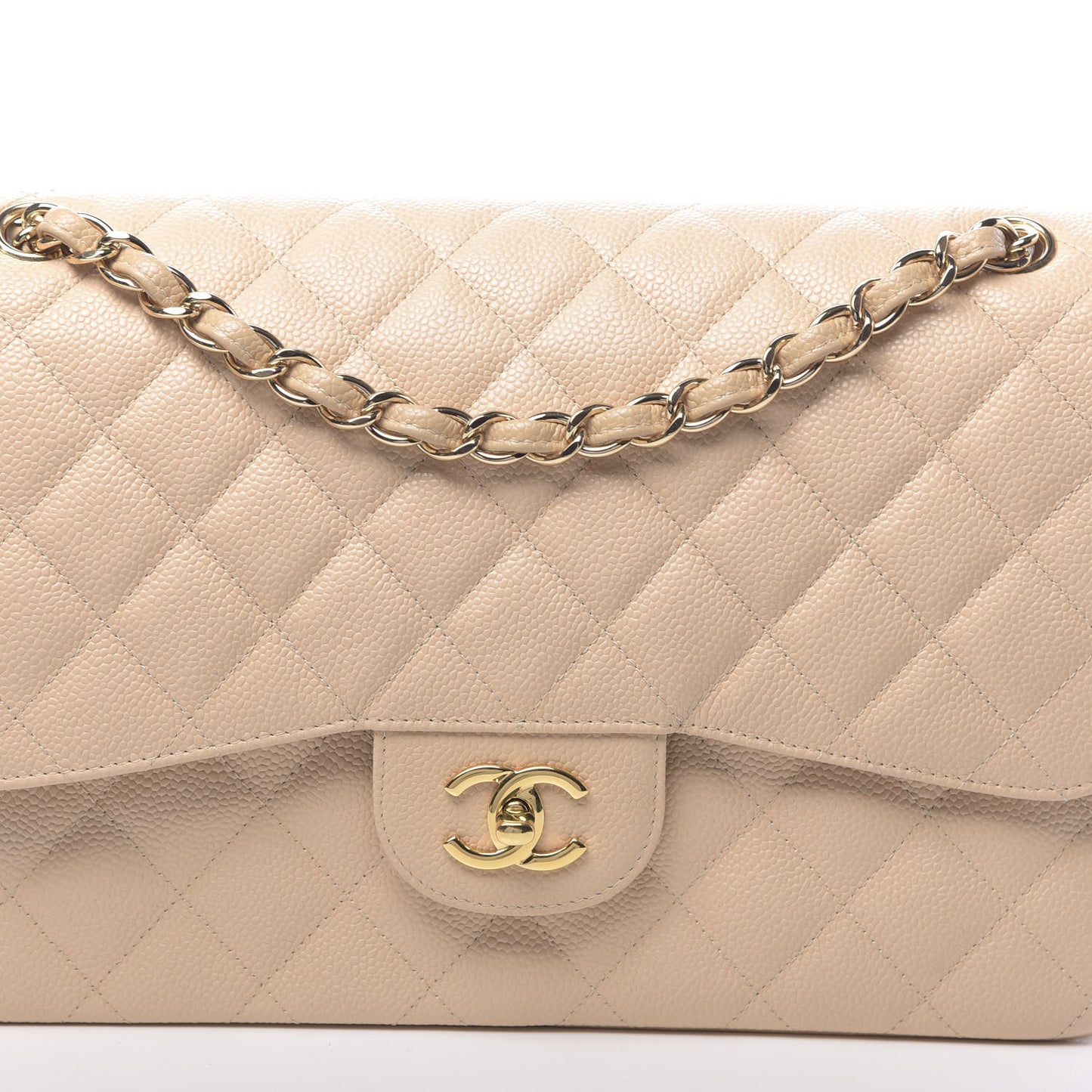 Caviar Quilted Jumbo Double Flap Beige Clair