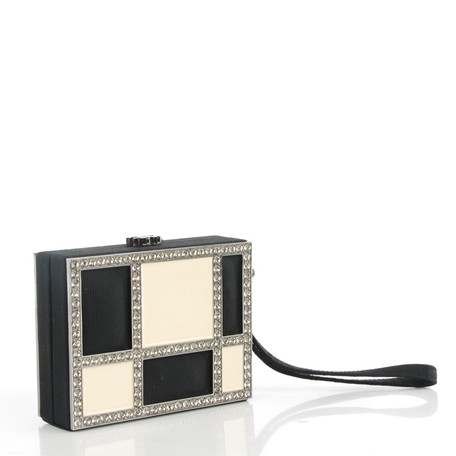 Chanel Grosgrain Crystal Box Wristlet Clutch Black White 2 of 6