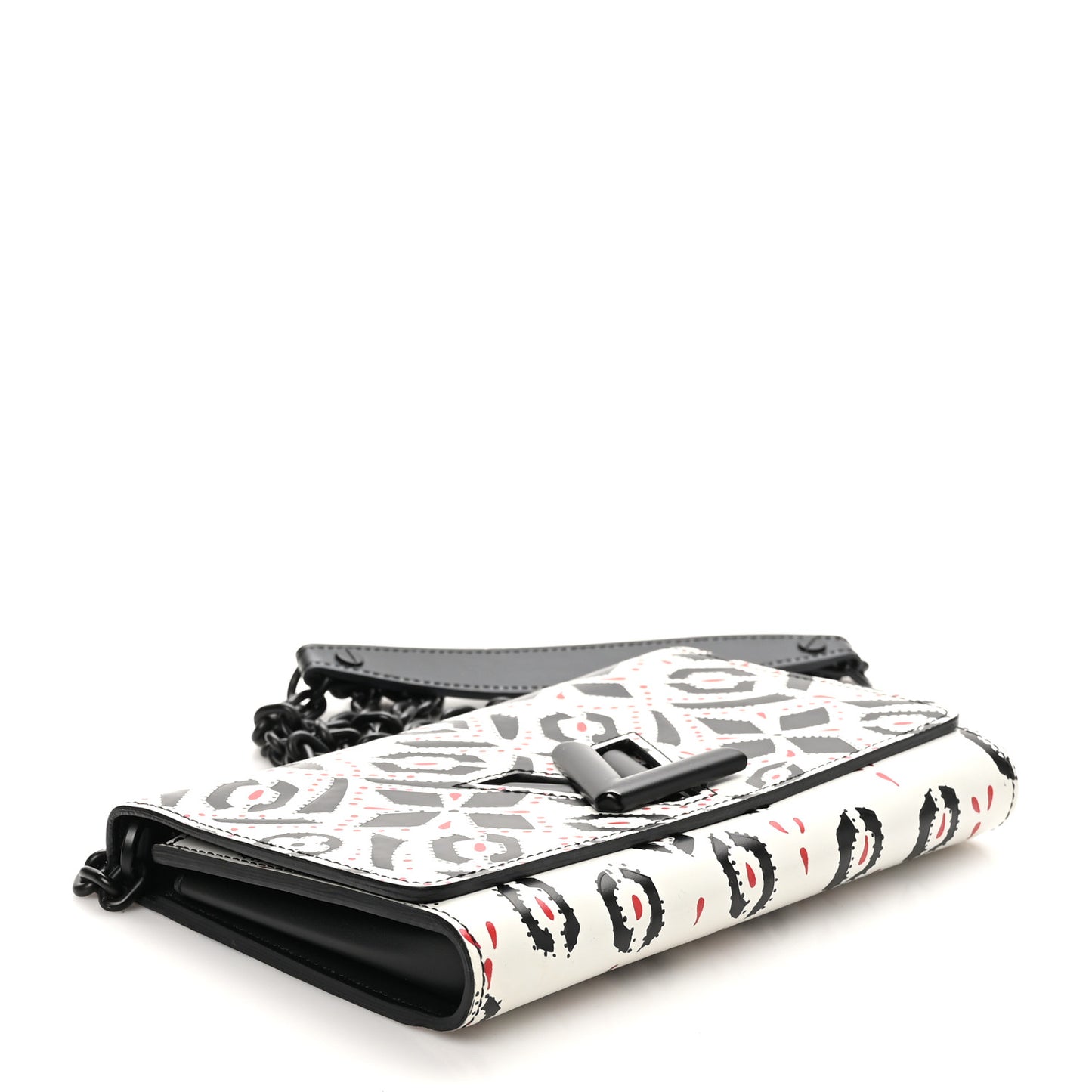 Calfskin Graphic Print Twist Chain Wallet White Black White Black