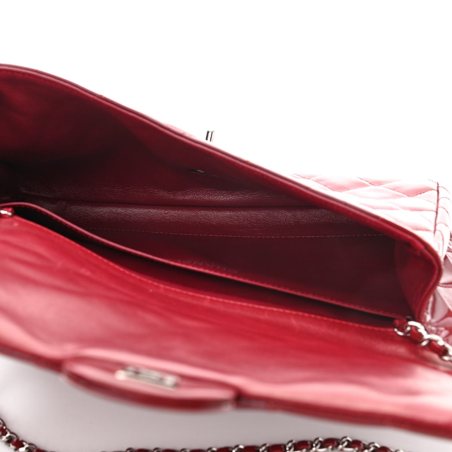 Patent Quilted Clutch With Chain Flap Red