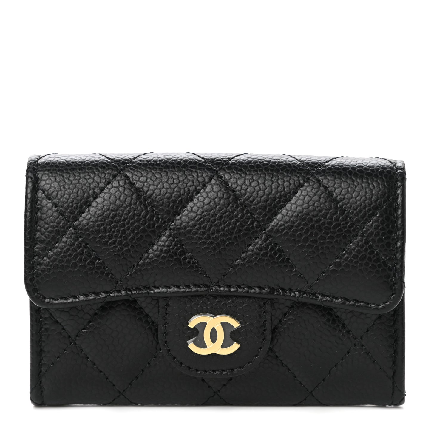 Caviar Quilted Flap Card Holder Wallet Black