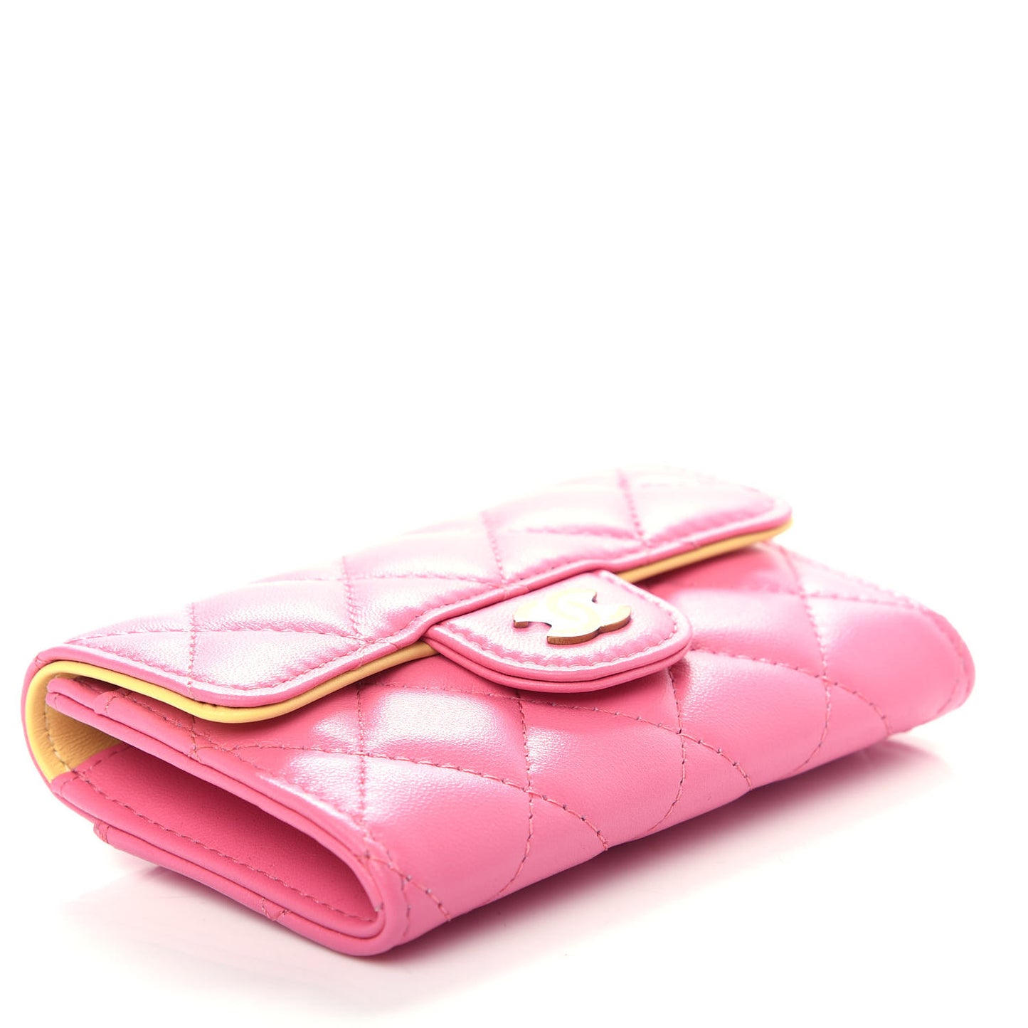 Lambskin Quilted Flap Card Holder Wallet Pink Yellow