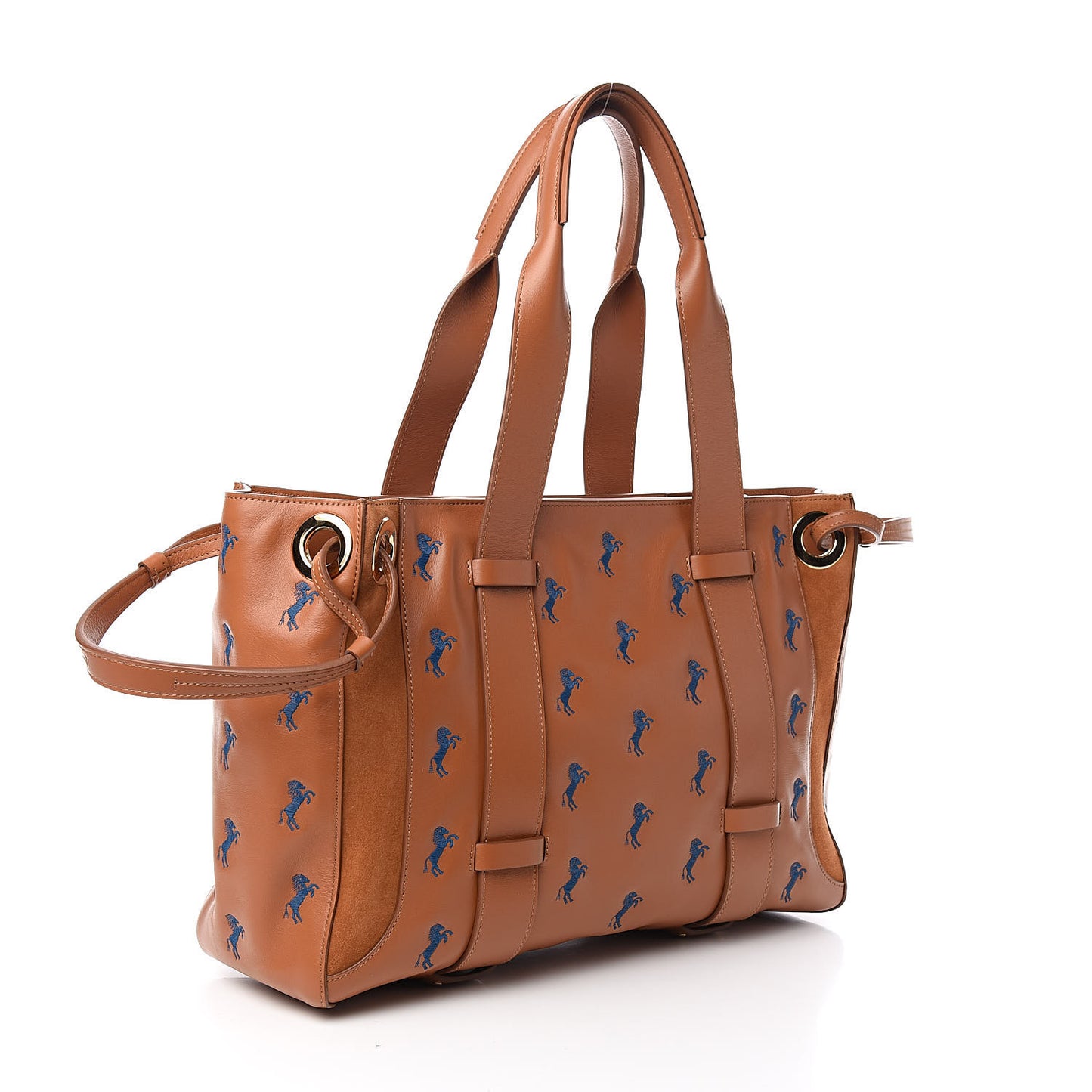 Smooth Calfskin Little Horses Embroidered Tao Zipped Tote Caramel