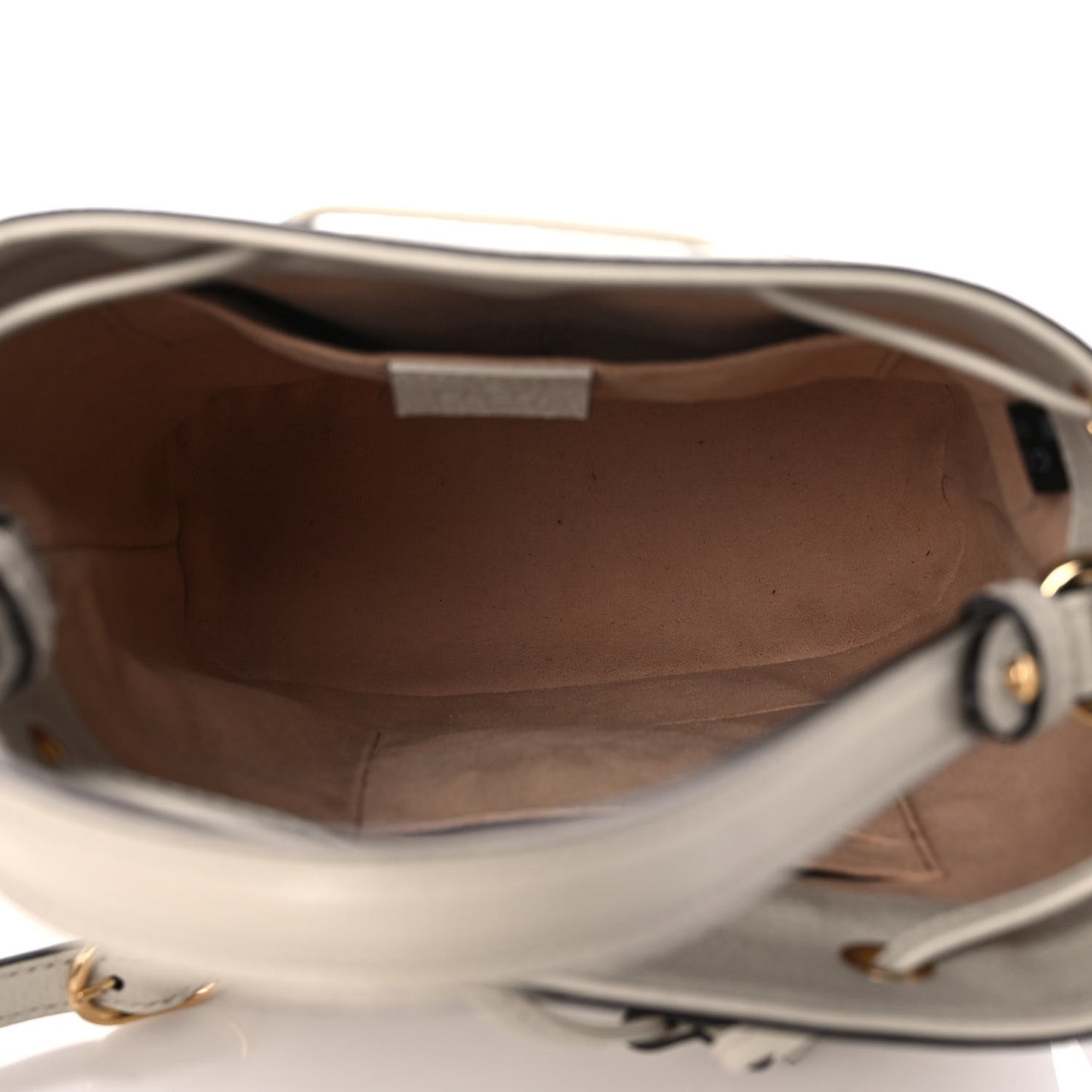 Glazed Textured Calfskin Web Small Ophidia Bucket Bag Mystic White