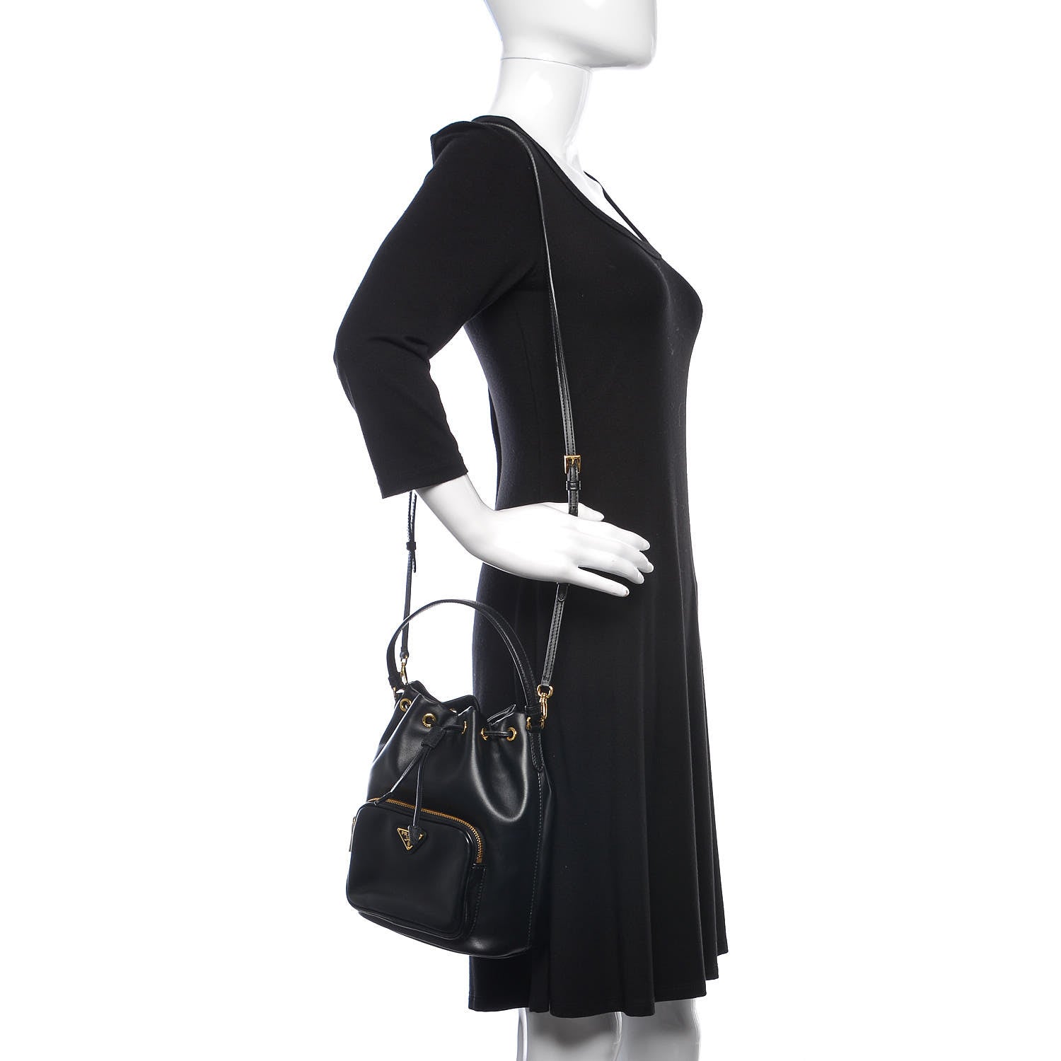 Prada Soft Calf Saffiano Mini Bucket Crossbody Bag Black 2 of 9