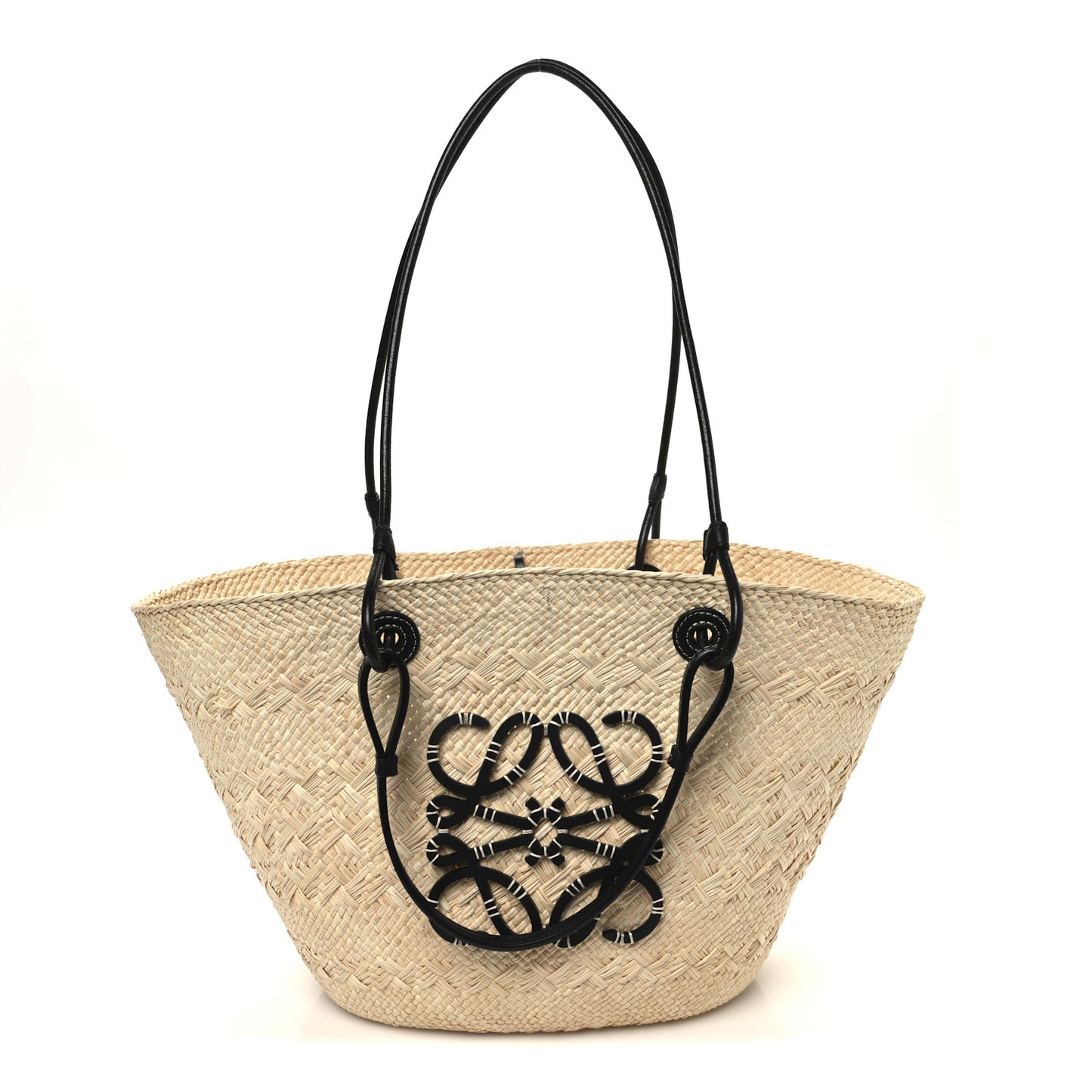 Calfskin Raffia Paulas Ibiza Medium Anagram Basket Tote Bag Natural Black