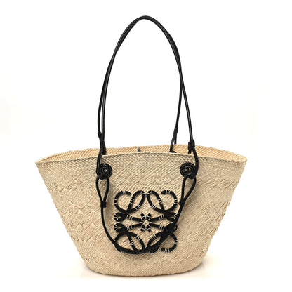 Loewe Calfskin Raffia Paulas Ibiza Medium Anagram Basket Tote Bag Natural Black 1 of 11