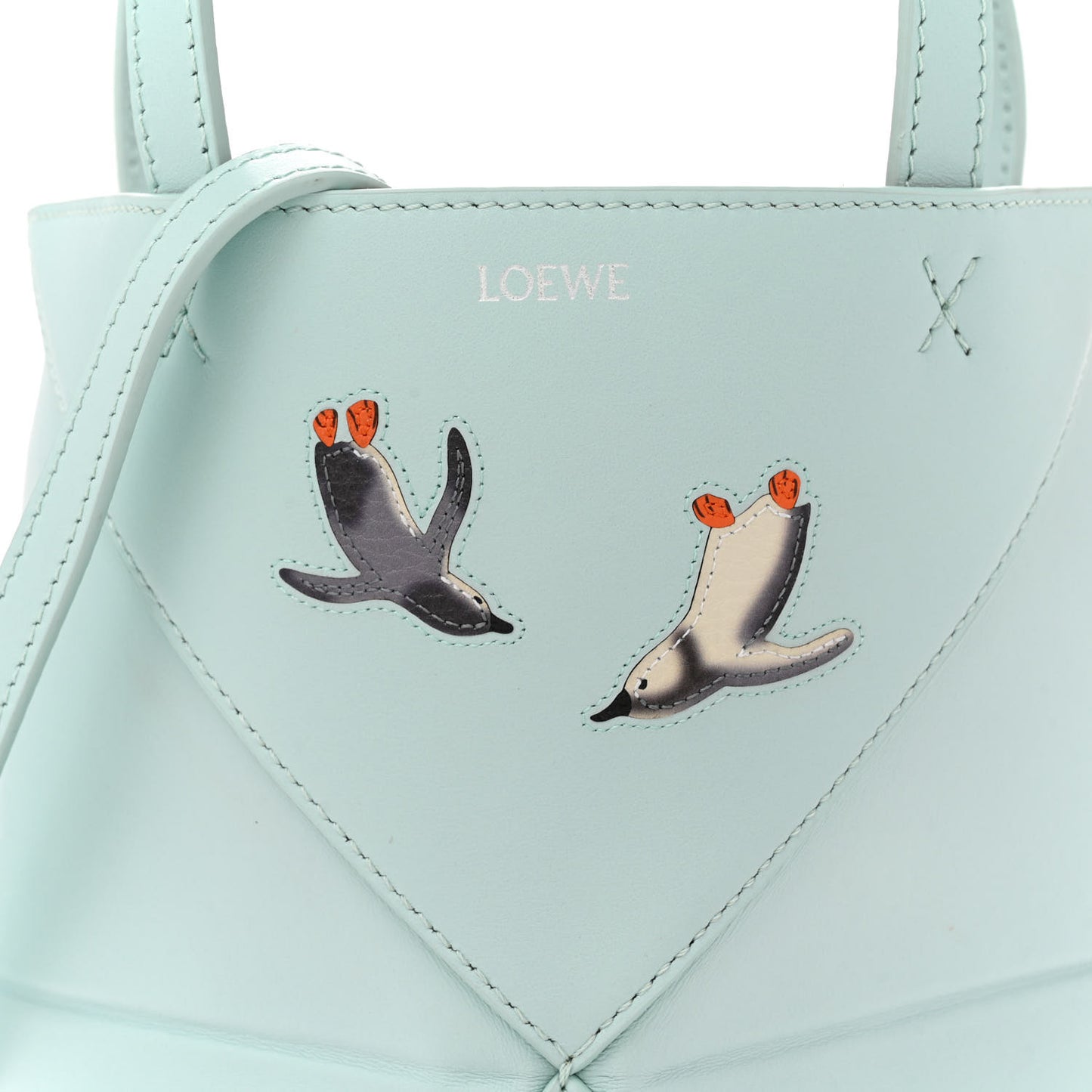 X SUNA FUJITA Shiny Calfskin Penguin Mini Puzzle Fold Tote Blue Iceberg
