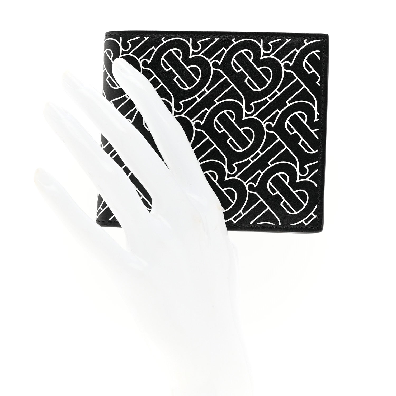 Burberry Calfskin Embossed TB Print Bi-Fold Wallet Black White 2 of 6
