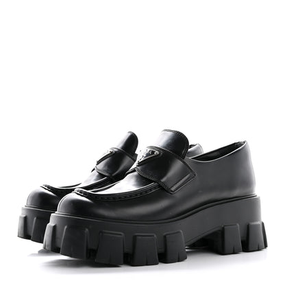 Prada Spazzolato Rois Metal Triangle Logo Monolith 55mm Loafers 36 Black 4 of 12